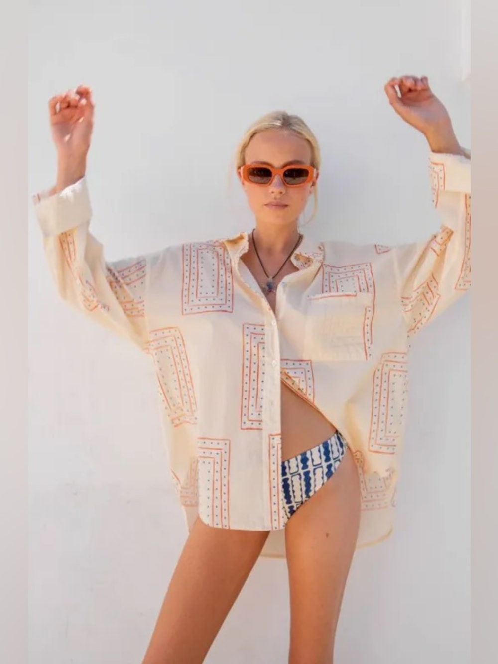 VRG GRL Cream Geometric-Print Button-Down Shirt